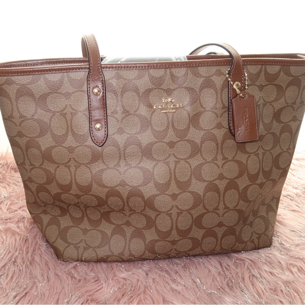 Coach City Zip Tote in the signature brown coated canvas with leather trim